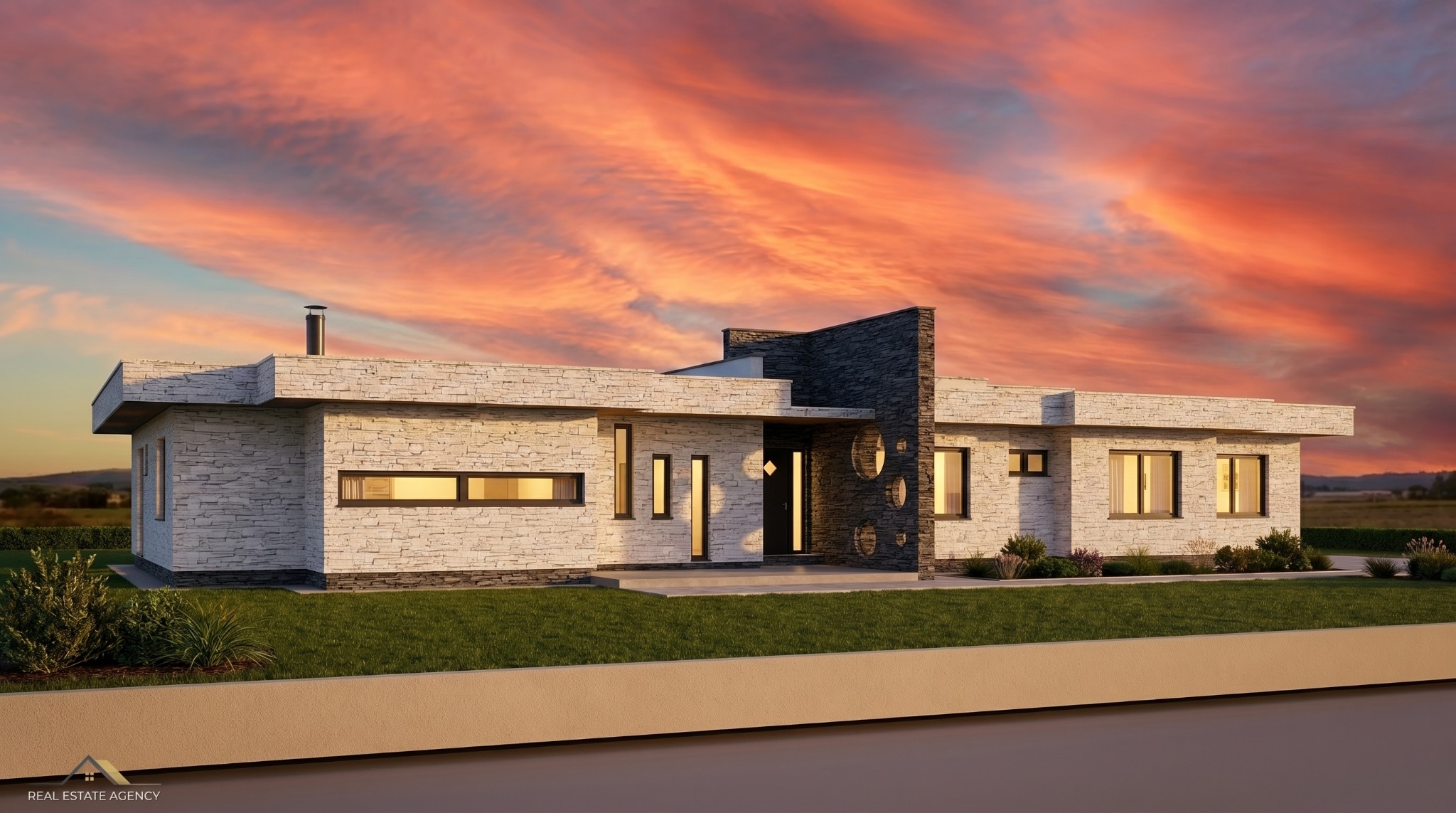 Visualización arquitectónica de una vivienda al atardecer